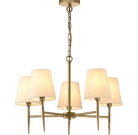 5 Light Antique Brass Chandelier with Fabric Shades