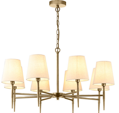 8 Light Antique Brass Chandelier with Fabric Shades