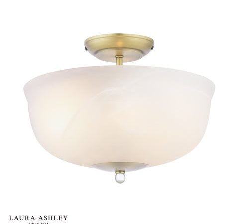 Laura Ashley Cossington 2 Light Semi-Flush Matt Antique Brass and White Marble Effect Glass