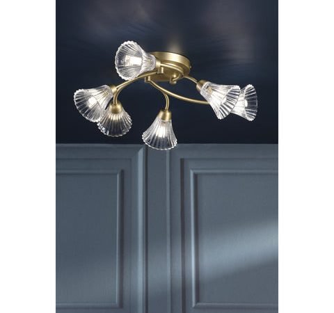 Laura Ashley Lanton 6 Light Semi-Flush Matt Antique Brass and Ribbed Glass